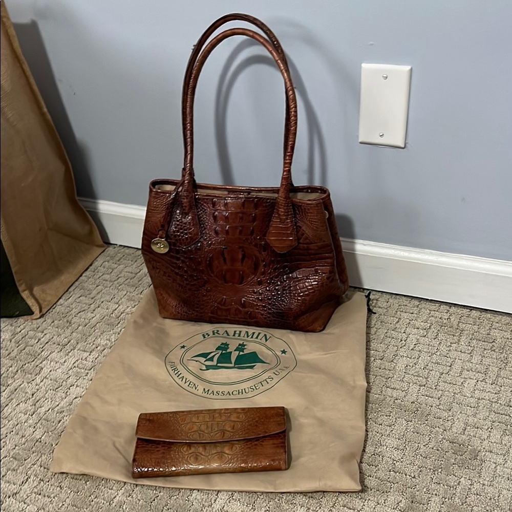 Brahmin Brown Leather Shoulder Bag with Embossed Design with matching wallet